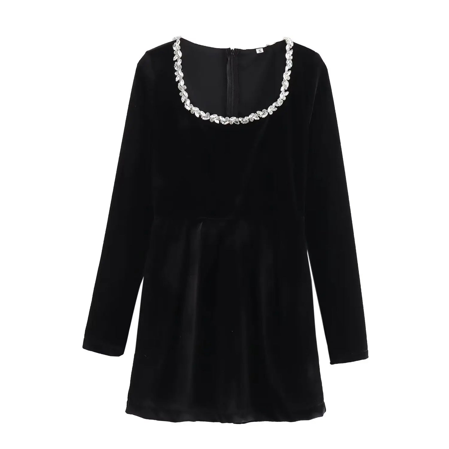 Women's new chic Fashion bead decoration slim square neck velvet mini dress retro long sleeved back zipper women's dress Mujer