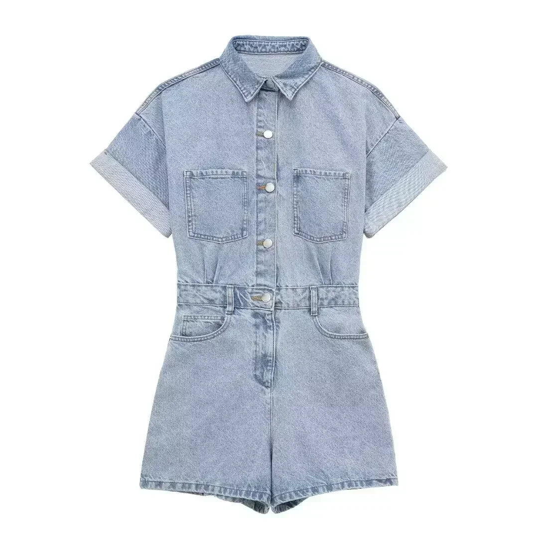 Women's New Fashion Multi Pocket Decoration Casual Denim jumpsuit Retro Short sleeved Button up Women's Short jumpsuit