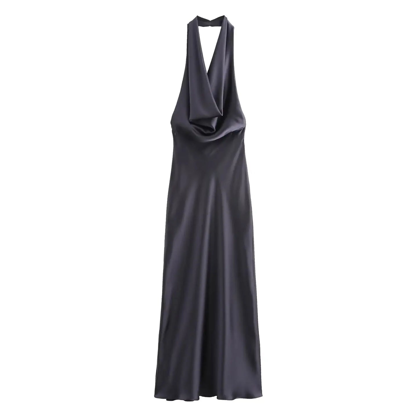 Women's new Chic fashion pleated decoration slim satin texture hanging neck MIDI dress retro sleeveless backless women's dress 