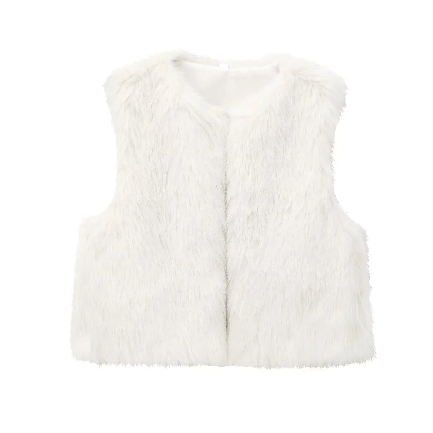 Women's new fashion faux fur effect casual short O-Neck open fleece vest retro sleeveless side pocket women's vest chic top