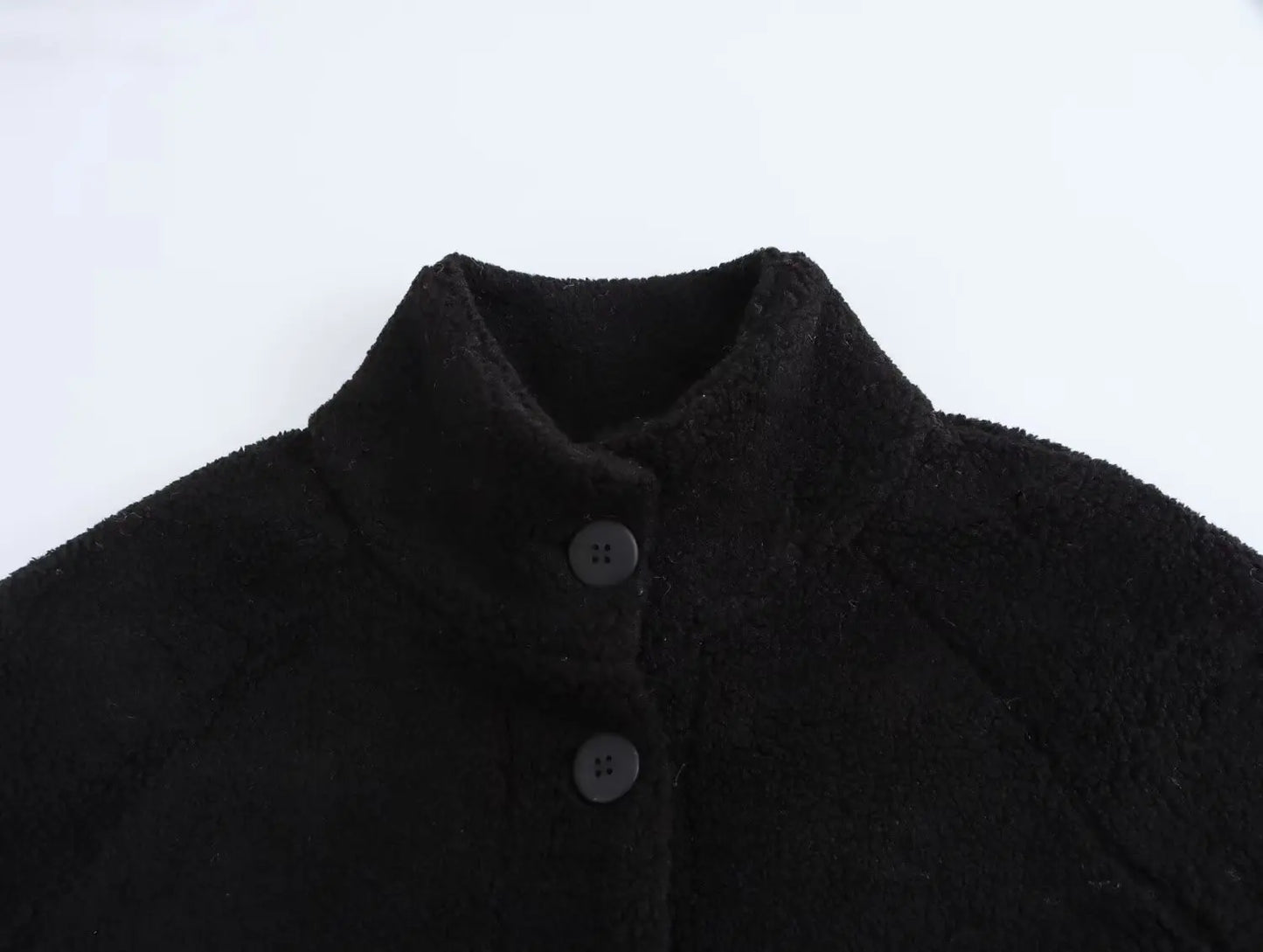 Women's new Fashion side pocket loose long style stand Neck warm fleece coat retro long sleeved button up women's coat chic top 