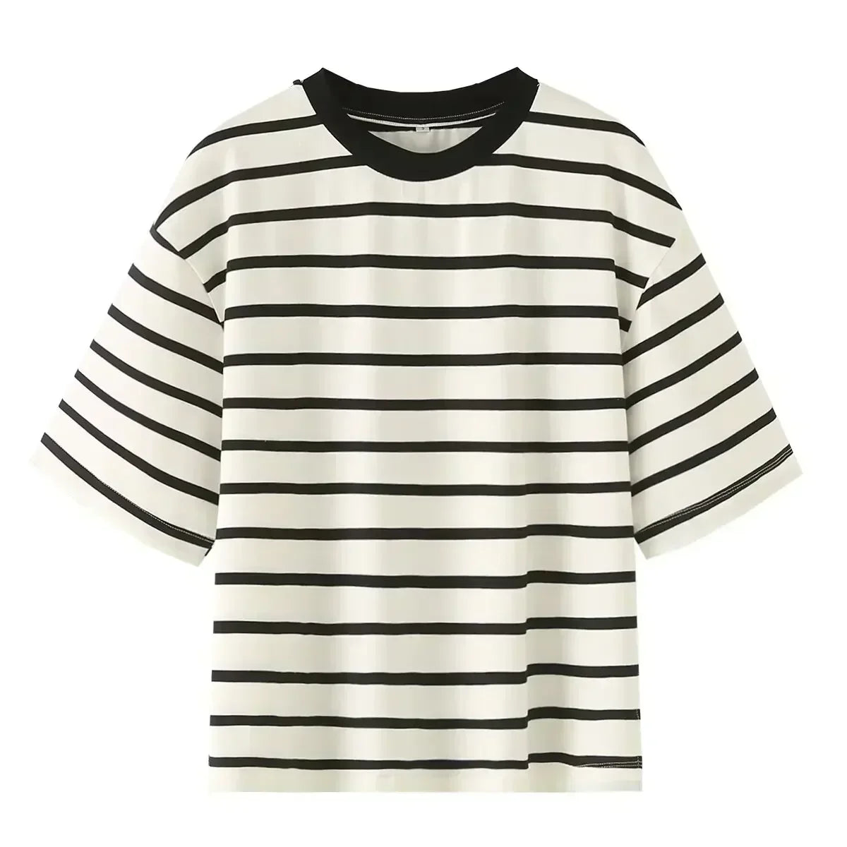 Women's New Fashion Hem Split Design Casual T-shirt Loose Stripe O Neck Tshirt Retro Short sleeved Women's Tee Shirt Tops