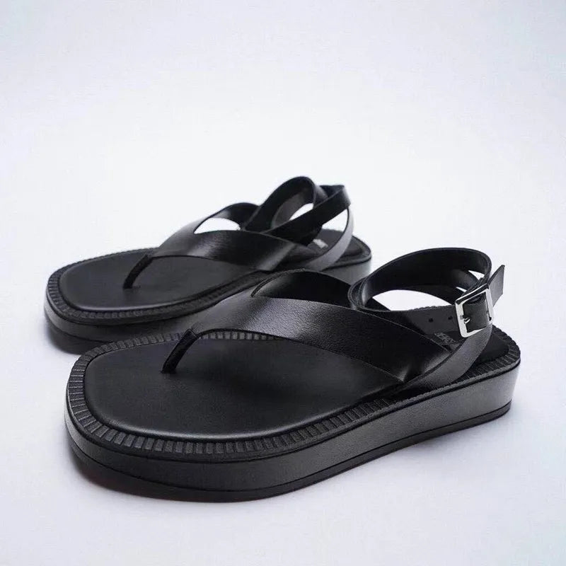 22 New women's shoes black strappy flat sandals summer thong thick sole sandals for women