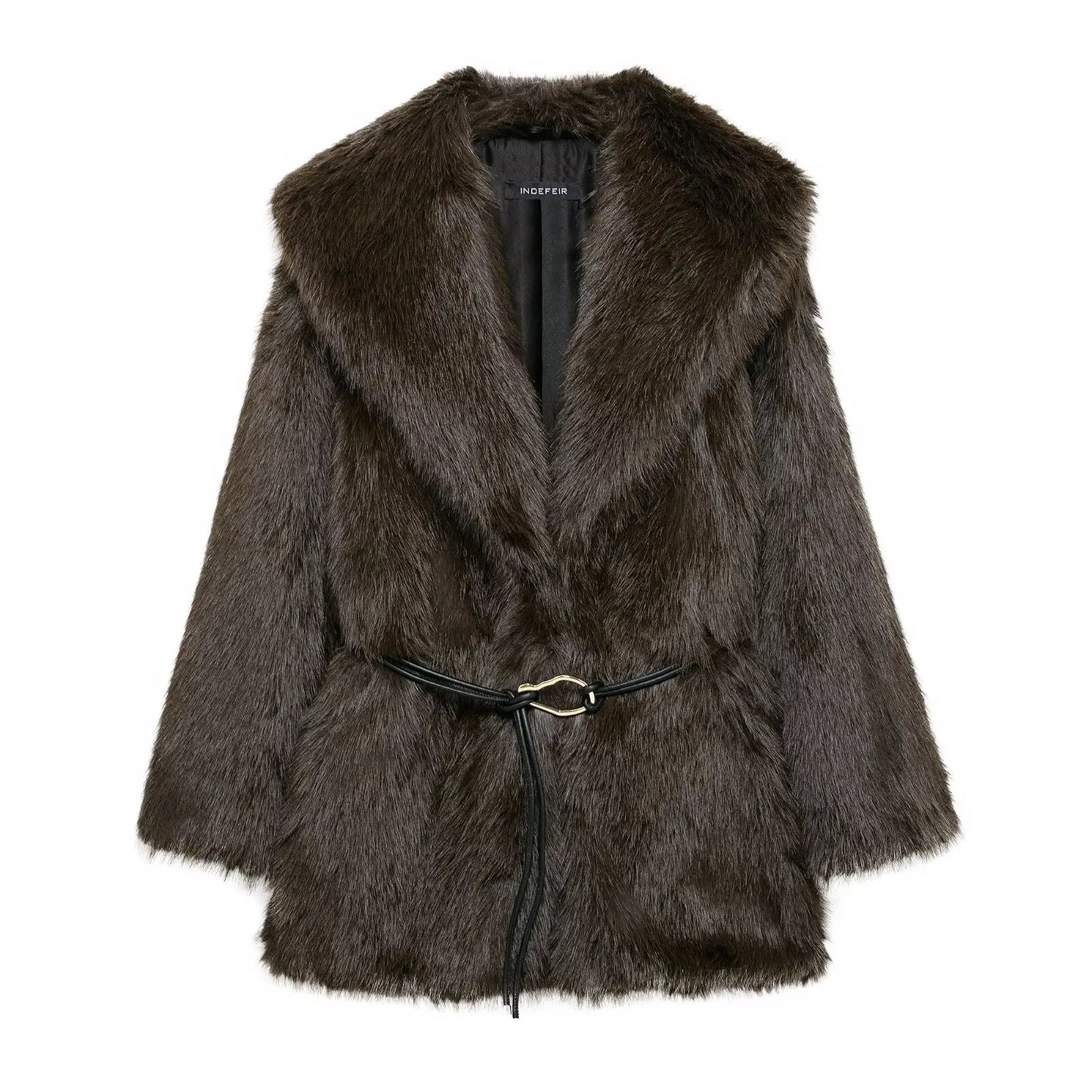 Women's Winter Fashion With Belt Loose Artificial Fur Effect Thick Warm Lapel Coat Retro Long Sleeve Women's Coat Chic Top 