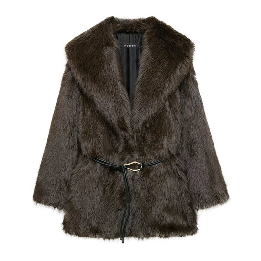 Women's Winter Fashion With Belt Loose Artificial Fur Effect Thick Warm Lapel Coat Retro Long Sleeve Women's Coat Chic Top