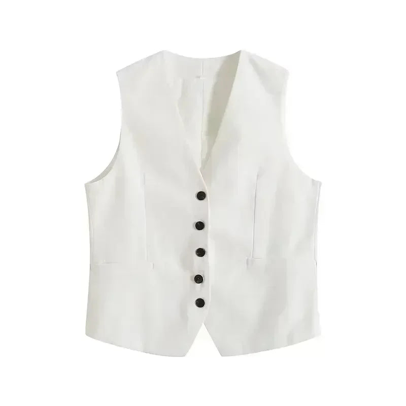 Women New Fashion Linen Cropped Customized Casual Vest Vintage V Neck Button-up Female Waistcoat Chic Tops + shorts Women's suit