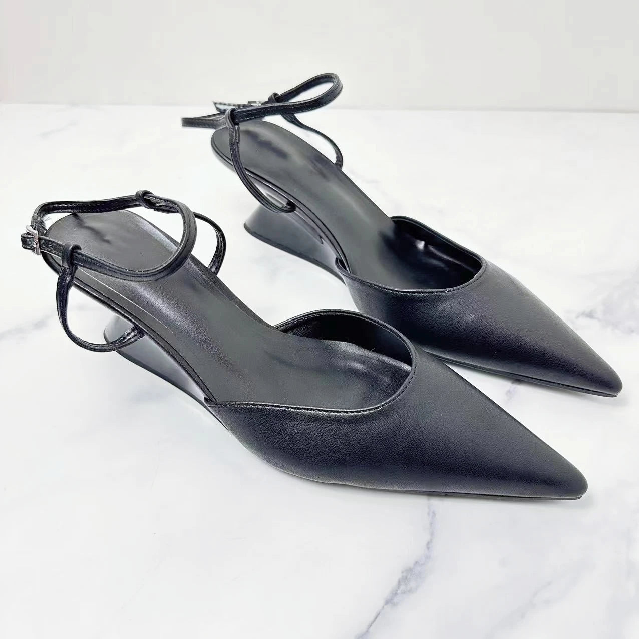 New Women's Shoes Black and White Leather Wedge Pointed Shallow Buckle With Single Shoes.