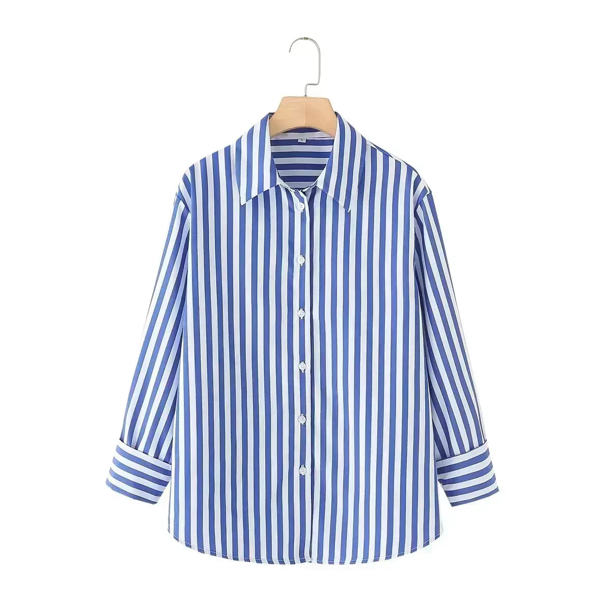 Women's 2024 New Fashion Loose Basic Style Striped Poplin Women's Shirt Retro Long sleeved Button up Women's Shirt Top