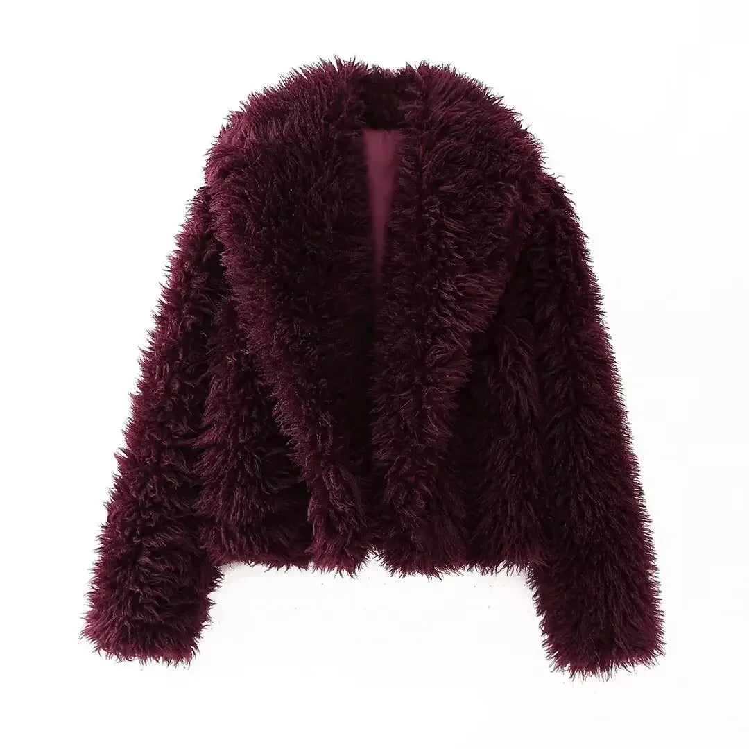 Women's Winter New Fashion Artificial Fur Effect Short Thick Warm Lapel Fleece Coat Retro Long Sleeve Women's Coat Chic Top