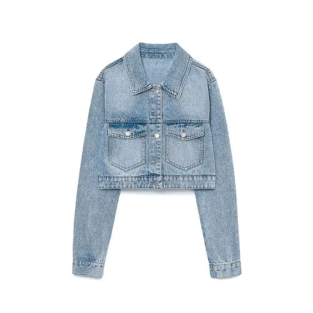 Women's new Fashion flip pocket decoration casual short denim jacket coat retro long sleeved button up women's coat chic top 