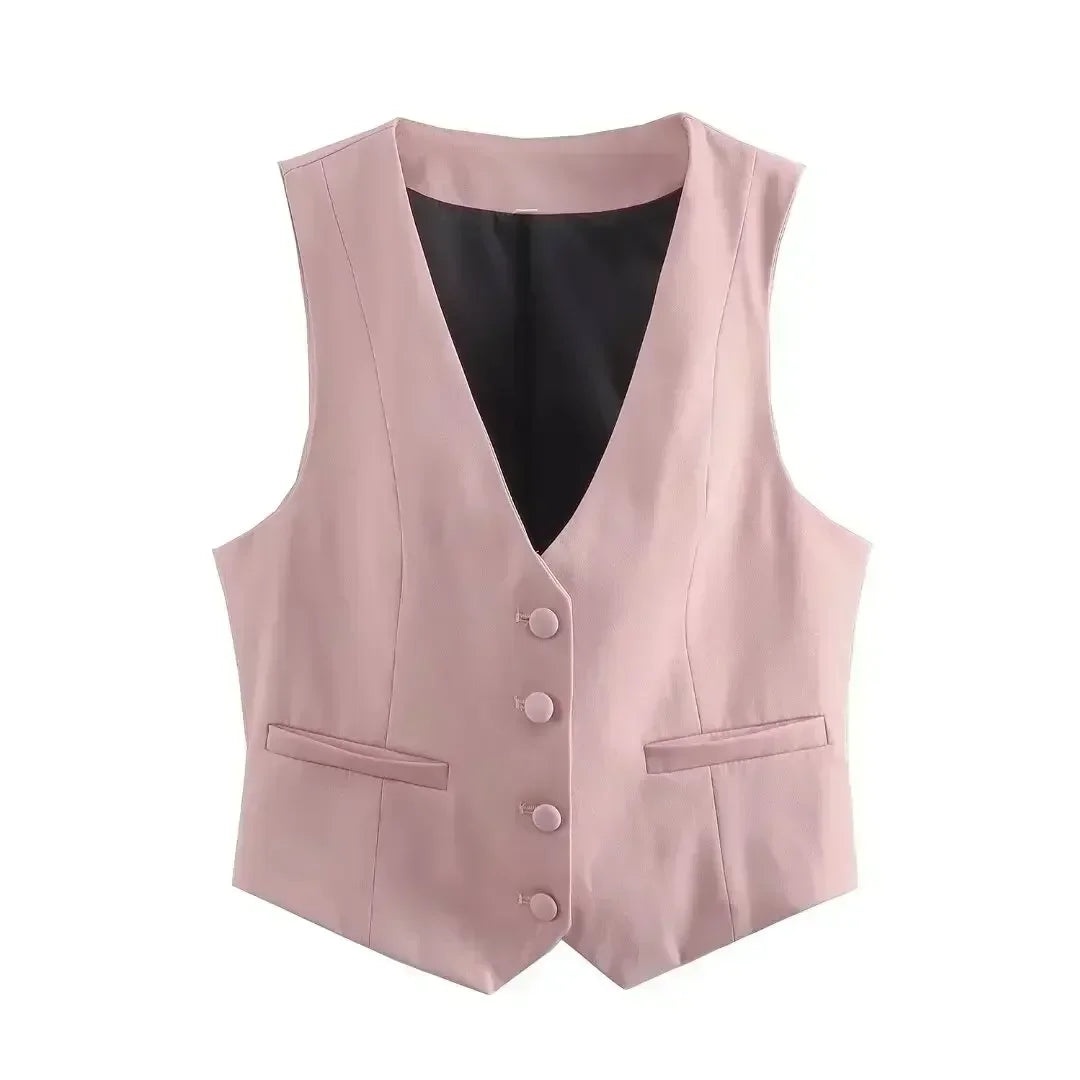 Women's new fashion pocket decoration casual short V Neck vest coat retro button up women's vest chic top+Pants suit