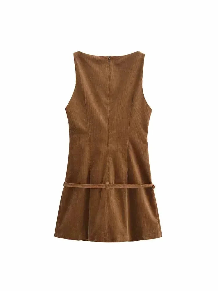 Women's new fashion with Belt pleated decoration slim corduroy mini dress retro sleeveless back zipper women's dress Mujer