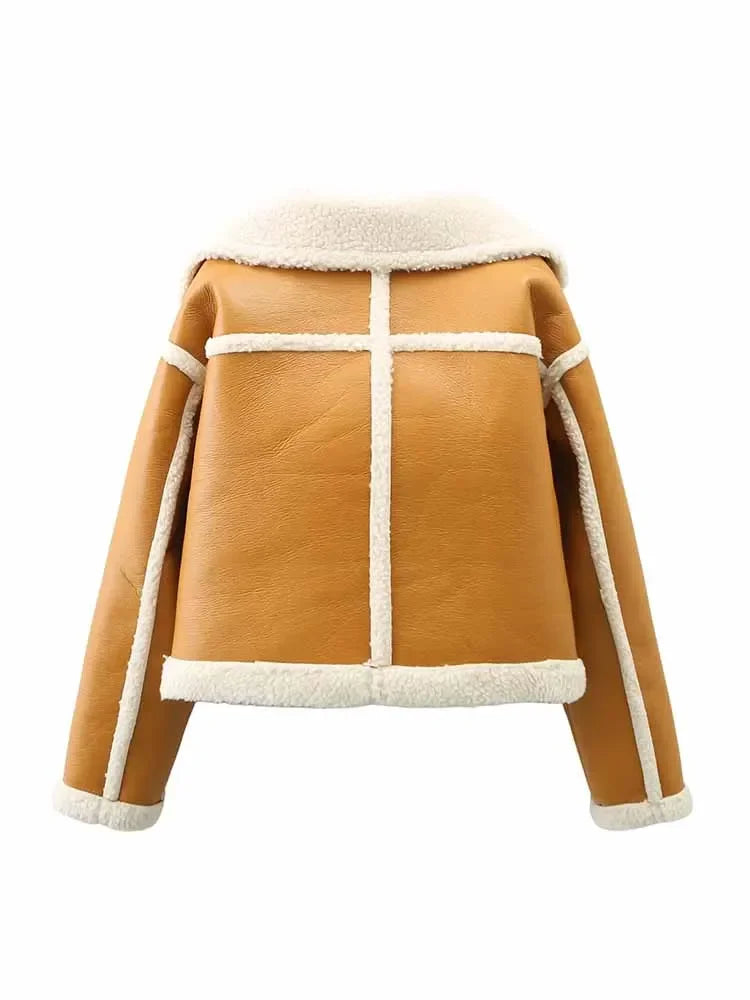 Women's new fashion Lapel short double breasted Fur Faux Leather jacket coat retro long sleeved pocket women's coat chic top