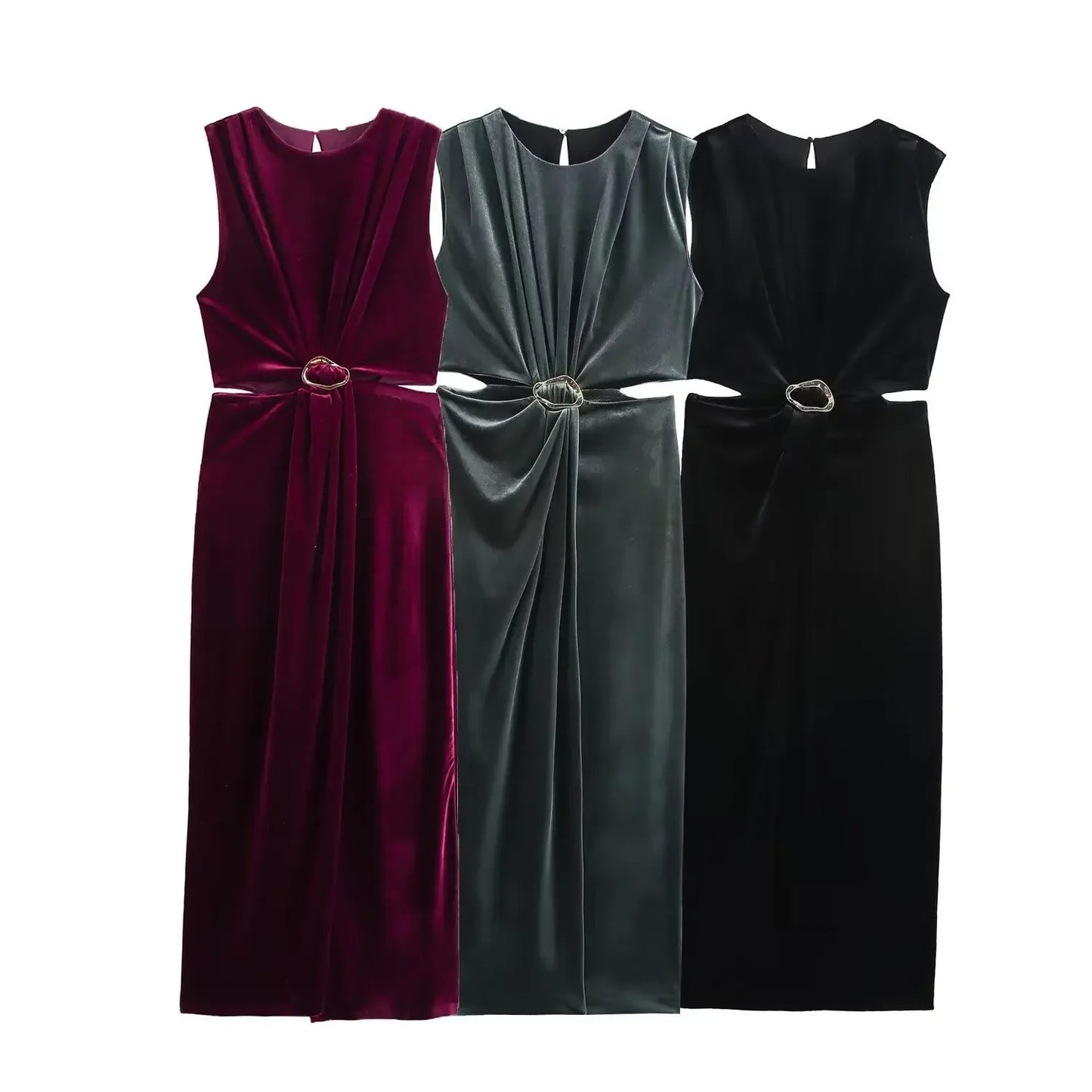 Women's new fashion metal buckle decoration slim pleated velvet Midi dress retro O-Neck sleeveless women's dress Mujer