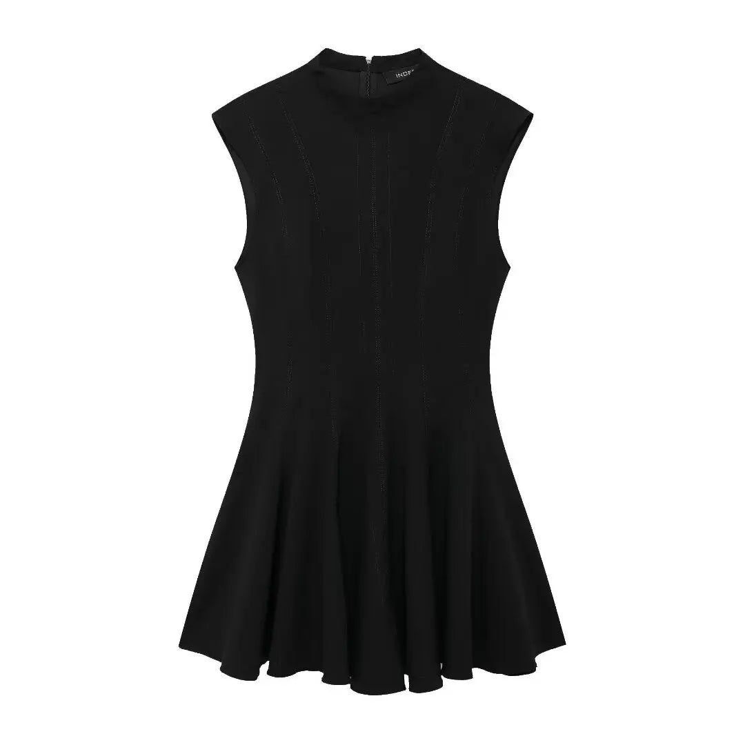 Women's new fashion wide pleated hem slim versatile stand collar mini dress retro sleeveless back zipper women's dress Mujer