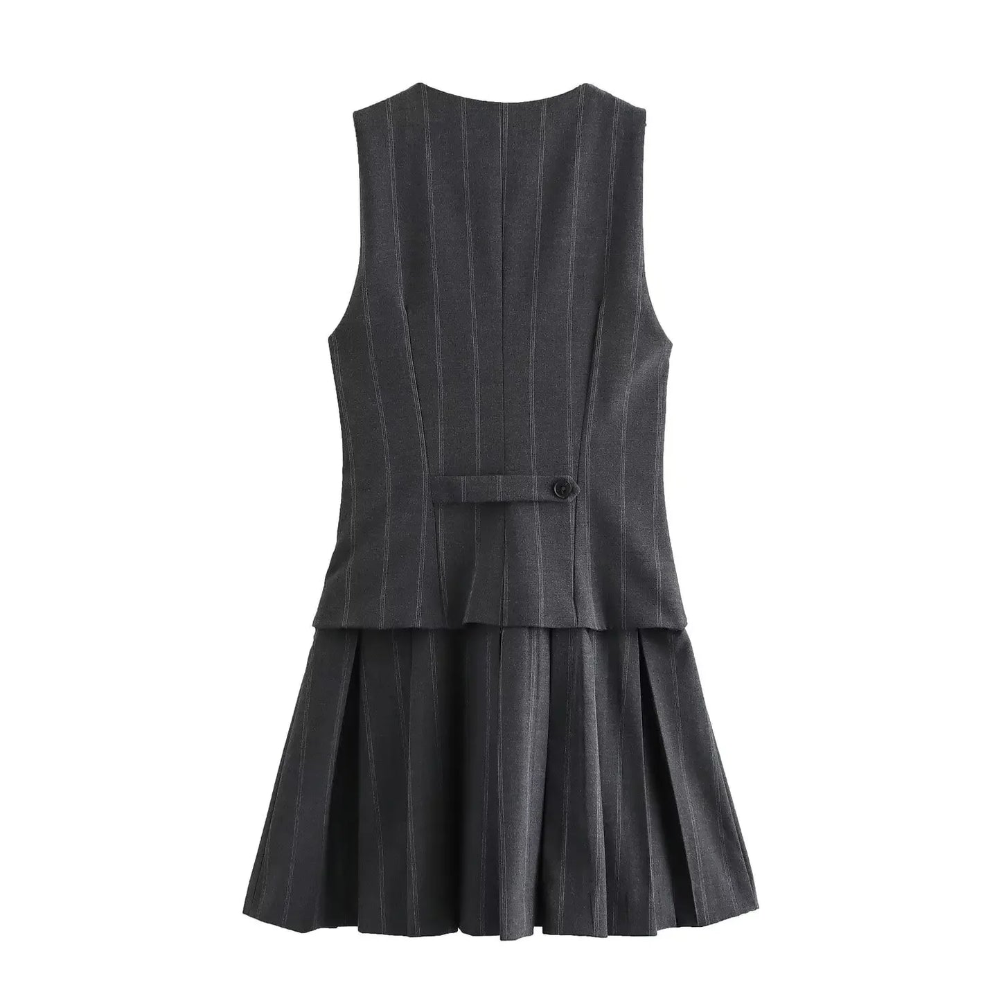 Women's new fashion pocket decoration slim wide pleated striped vest style mini dress retro sleeveless button up women's dress