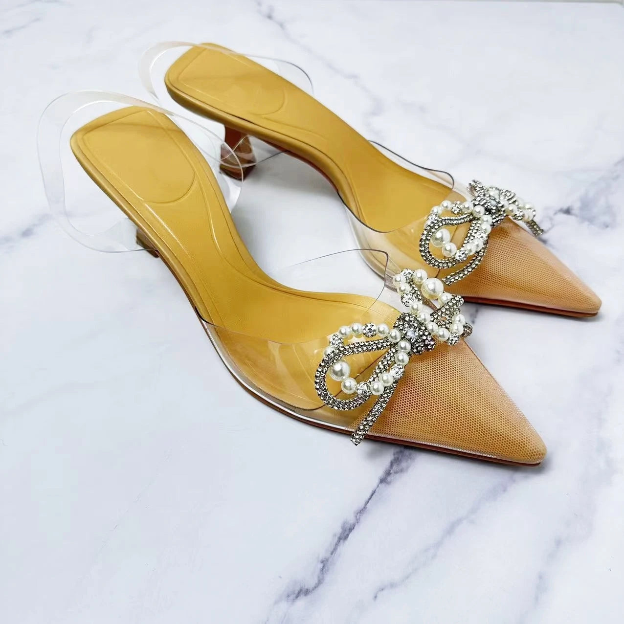 New 2024 Women's Shoes Fashion Joker Butterfly Rhinestone Ornament Open Heel Shoes Pointy Shoes High Heels Transparent Sandals.