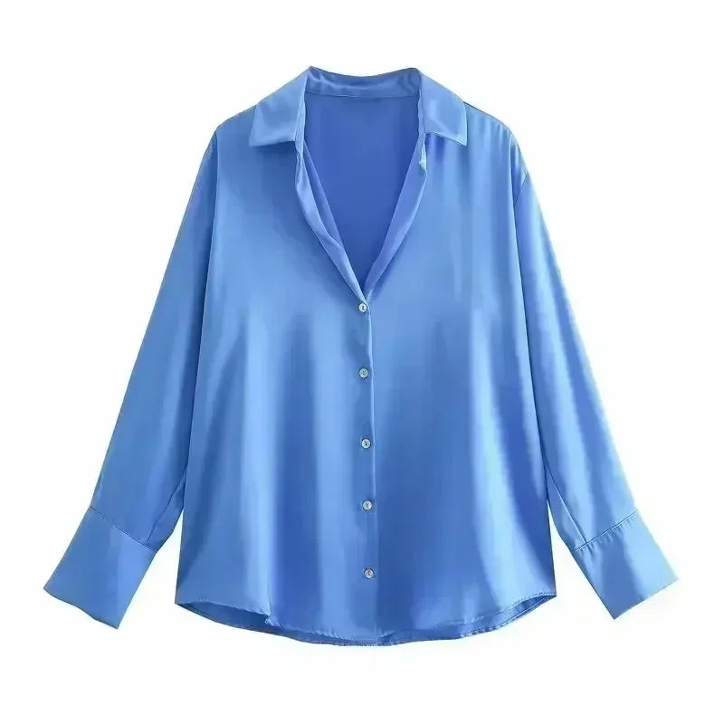 Women 2024 New Fashion Flowy Satin Loose Shirts Blouses Vintage Long Sleeve Button-up Female Shirts Chic Tops