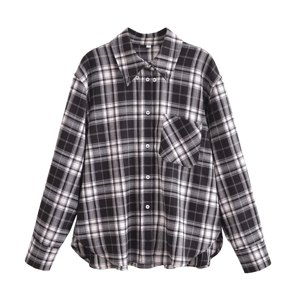 Women's new fashion pocket decoration loose asymmetric plaid shirt retro long sleeved button up women's shirt chic top