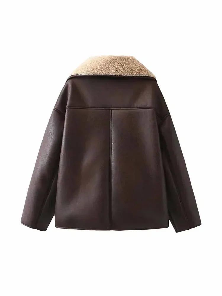 Women's new Fashion With pocket casual double-sided Fur Faux Leather jacket retro long sleeved button up women's coat chic top