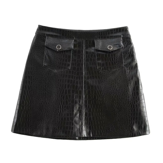 Women's new fashion flap pocket decoration slim A-line Faux Leather texture mini skirt retro high waist zipper women's skirt