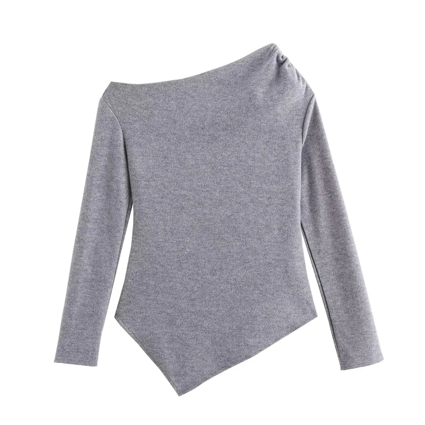 Women's new fashion pleated decoration slim soft texture asymmetric knitted top retro long sleeved women's pullover chic top