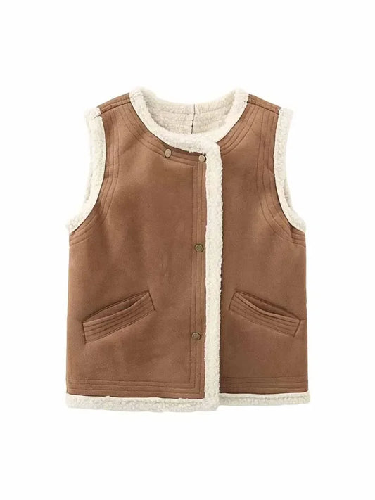 Women's new fashion pocket decoration casual O-Neck Faux Leather lambhair vest retro sleeveless button up women's vest chic top