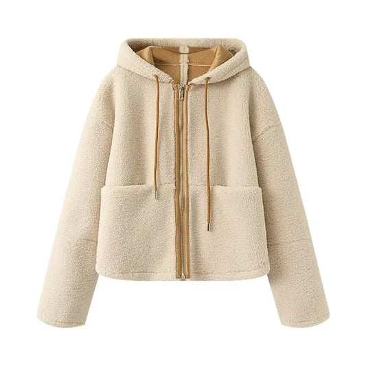 Women's winter fashion side pocket short warm fleece hoodie Sweatshirts coat retro long sleeved zipper women's coat chic top