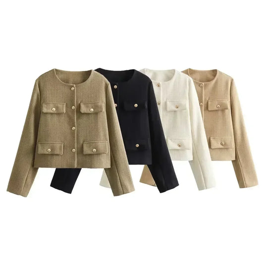 Women's 2024 New Fashion Flip Decoration Short Casual O Neck Jacket Coat Retro Long sleeved Button up Women's Coat Chic Top