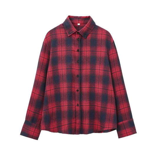 Women's 2024 new fashion loose single breasted lapel shirt casual checkered shirt retro long sleeved women's shirt chic top