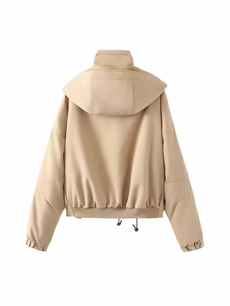 Women's new fashion loose short Single breasted hooded cotton jacket Coat retro long sleeved zipper pocket women's Coat chic top