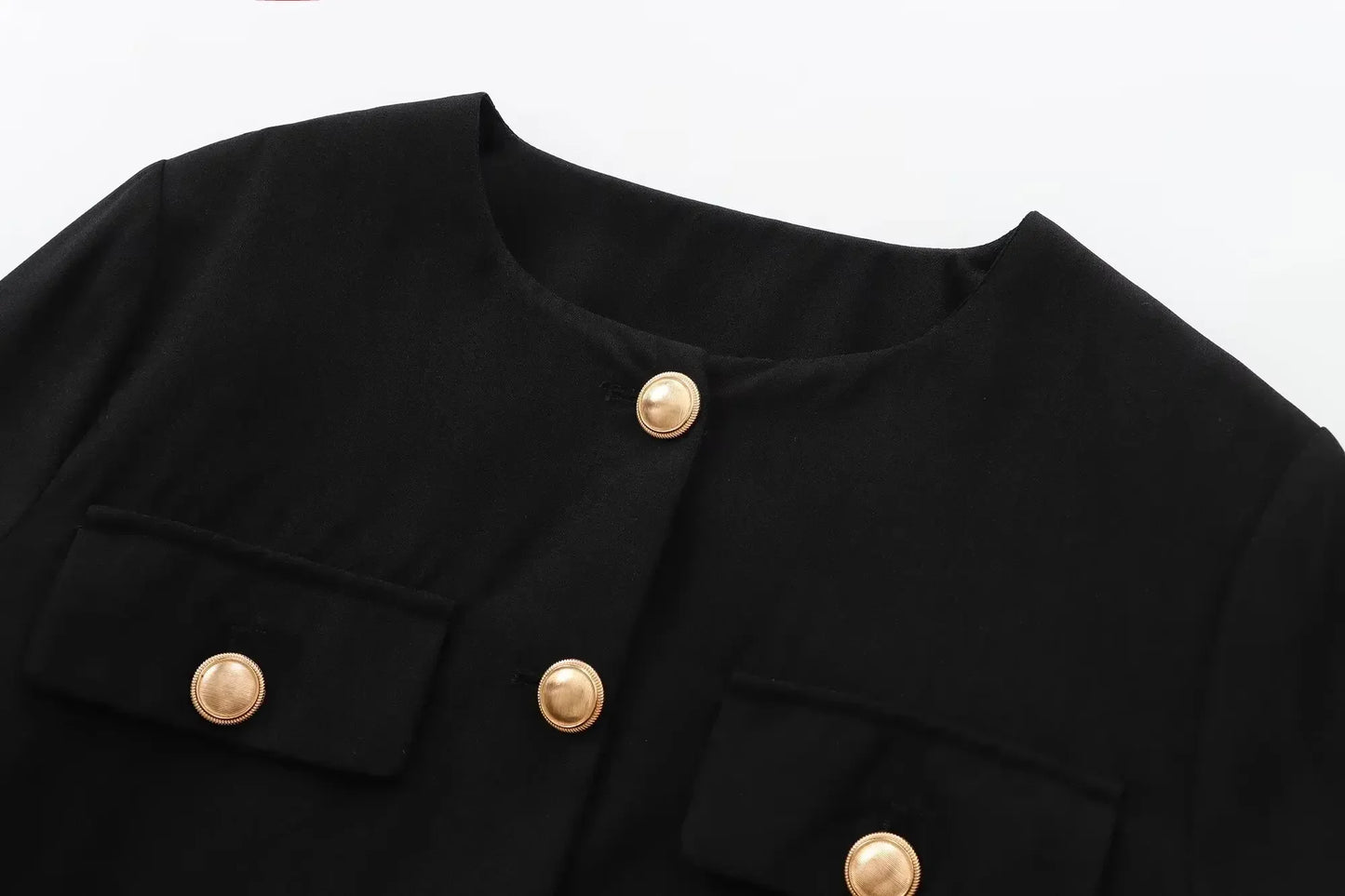 Women's 2024 new fashion gold button decoration casual short O Neck jacket coat retro long sleeved pocket women's coat chic top