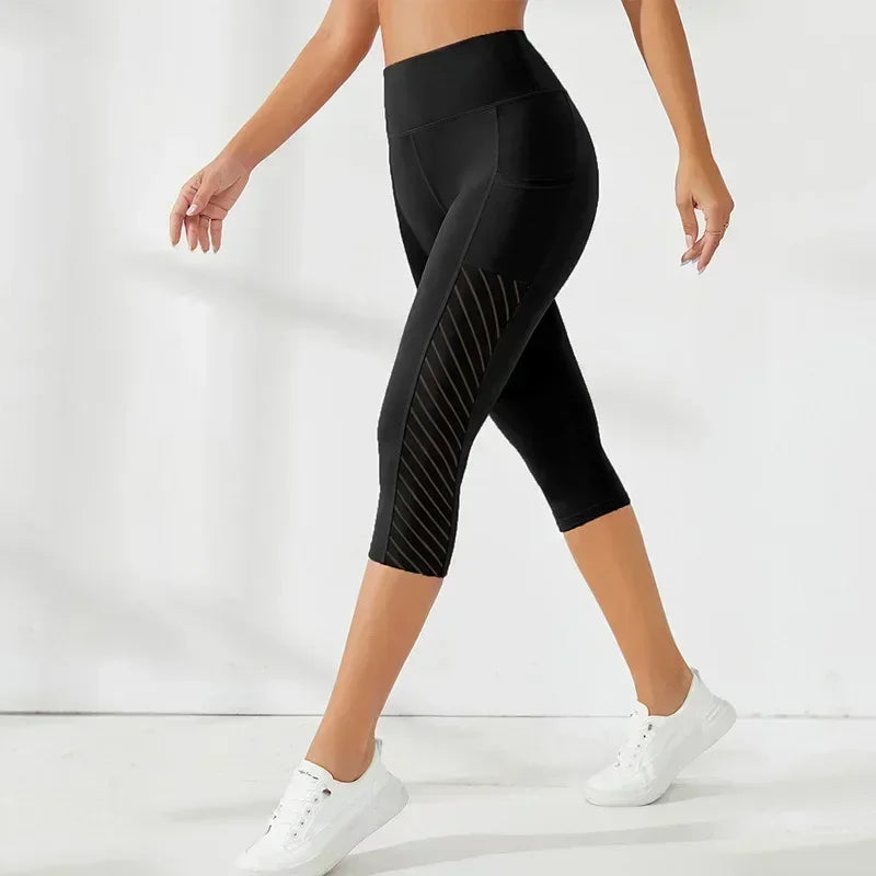 Women's Mesh Yoga Pants With Pockets High Waist and Abdomen Cropped Pants Slim Slim Leggings. 