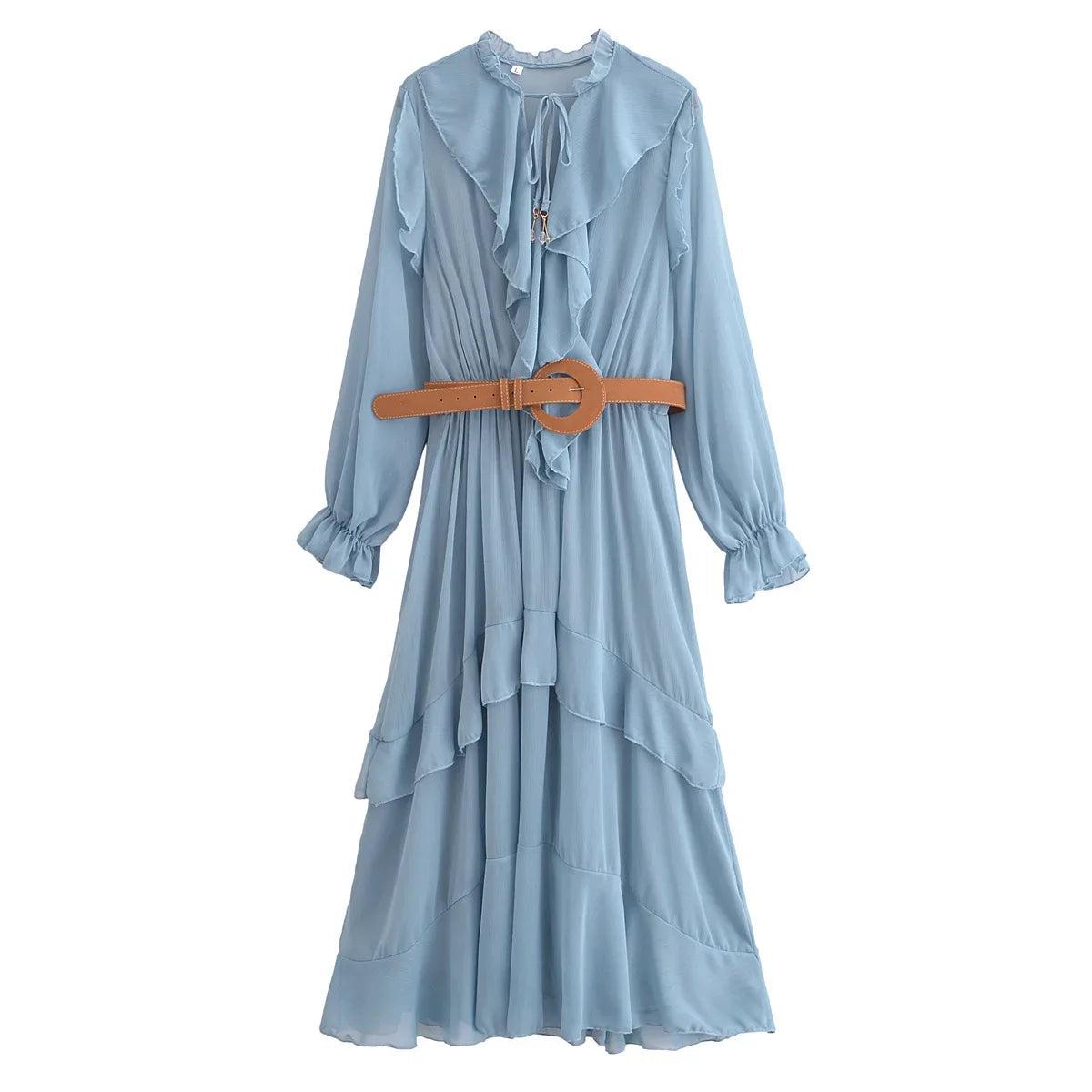 Women's new chic Fashion With belt ruffle edge Lace up decoration casual pleated MIDI dress retro long sleeved women's dress 