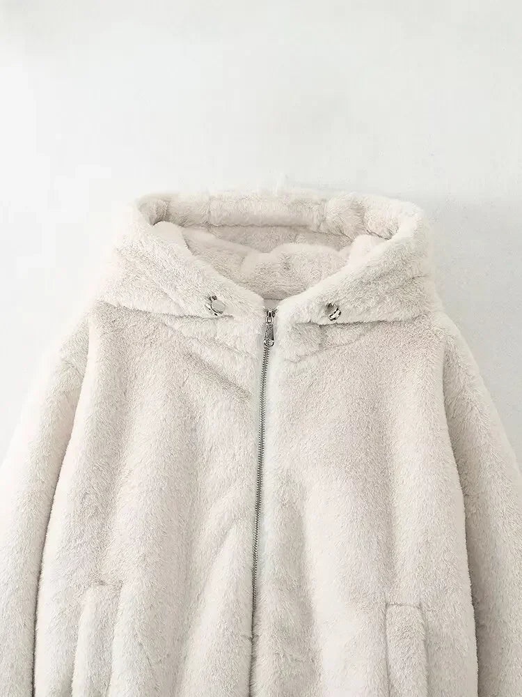 Women's winter fashion faux fur effect short thick warm hooded jacket Coat retro long sleeved side pocket women's Coat chic top