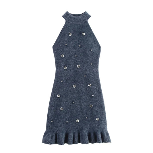 Women's new fashion faux fur effect slim bead flower decoration hanging neck mini dress retro sleeveless women's dress Mujer