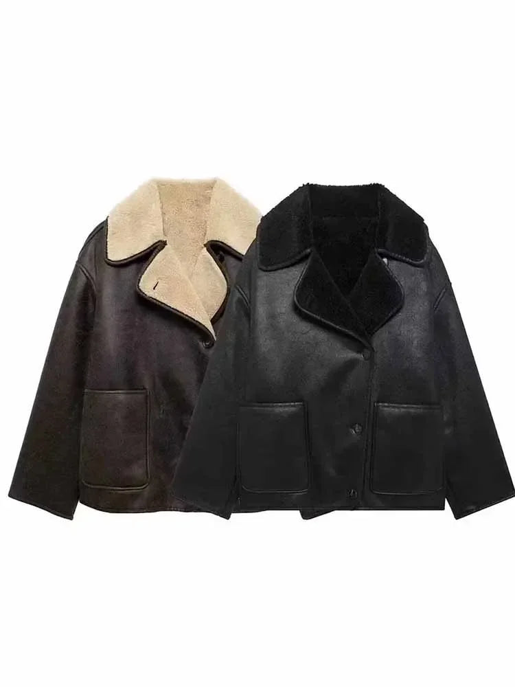 Women's new Fashion With pocket casual double-sided Fur Faux Leather jacket retro long sleeved button up women's coat chic top