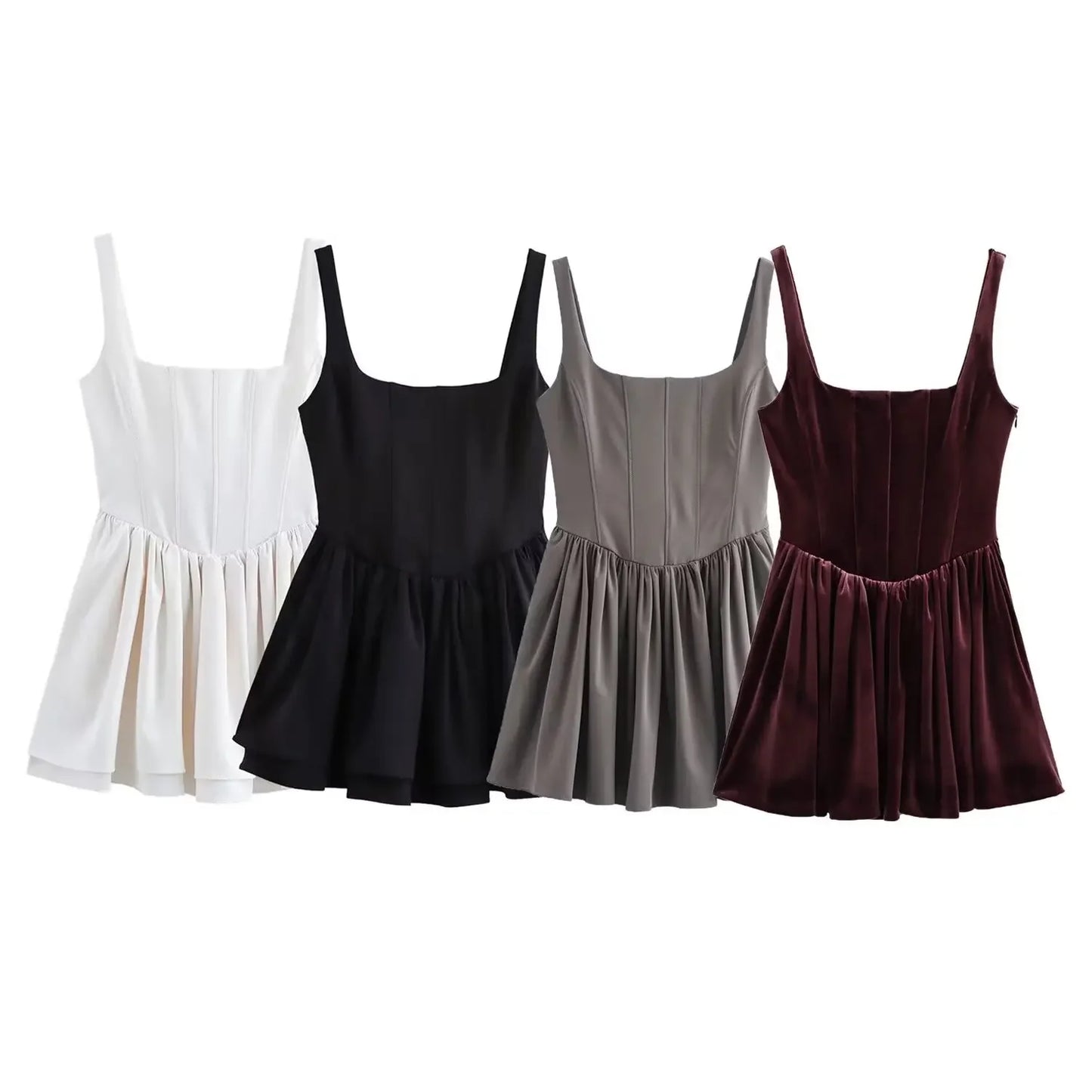 Women's new fashion side pocket decoration slim backless wide pleated mini dress retro sleeveless Wide Straps women's dress