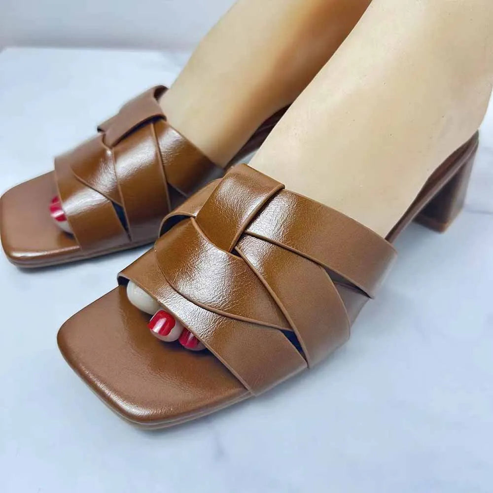 New 2024 Women's Shoes Fashion Brown Leather Cross Uppers With Thick Sandals Sexy High Heels.