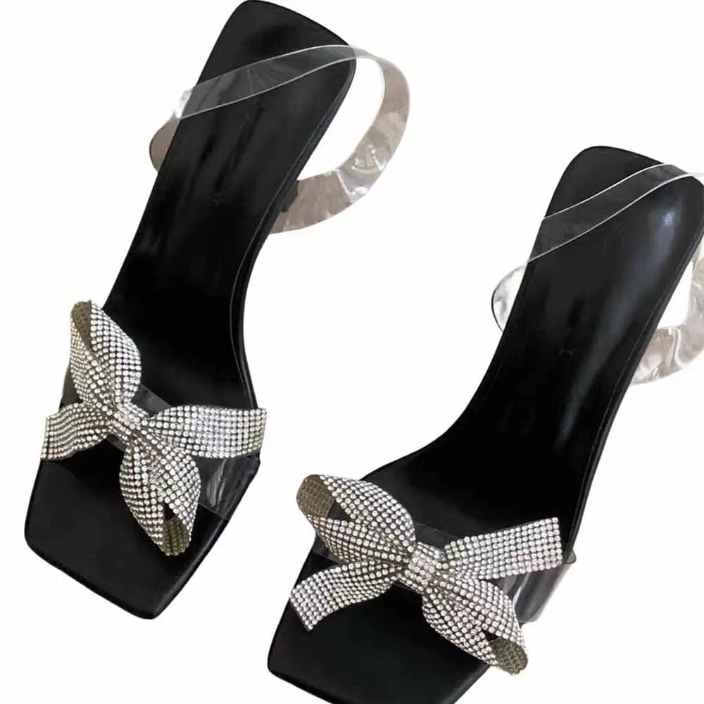 New 2024 Women's Shoes Fashion Temperament Bow Decorated With Rhinestone Temperament Square High-heeled Sandals.