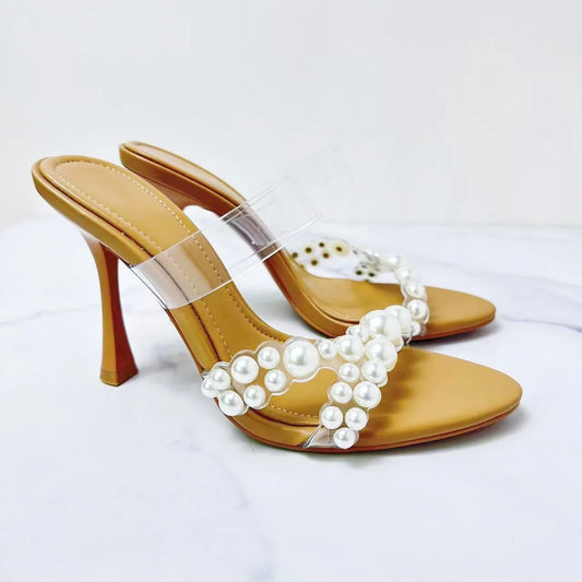 Spring 2024 New Women's Shoes, Artificial Pearls and Transparent Plastic High-heeled Fashion Sandals.