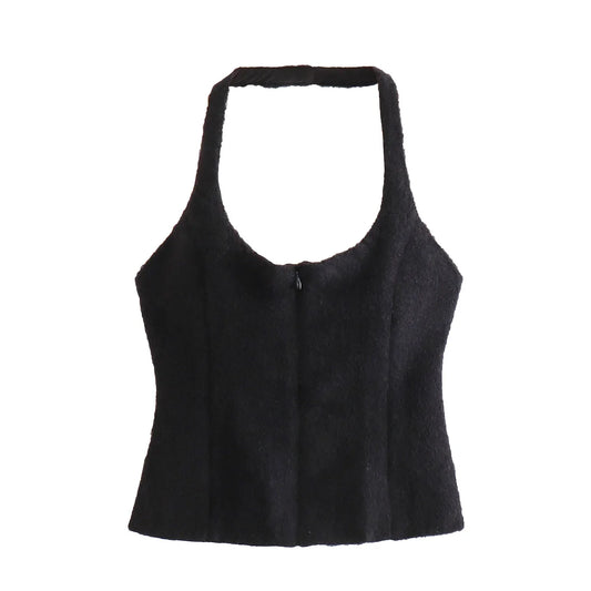 Women's new fashion faux fur effect slim Backless short hanging neck top retro sleeveless zipper women's vest chic top 