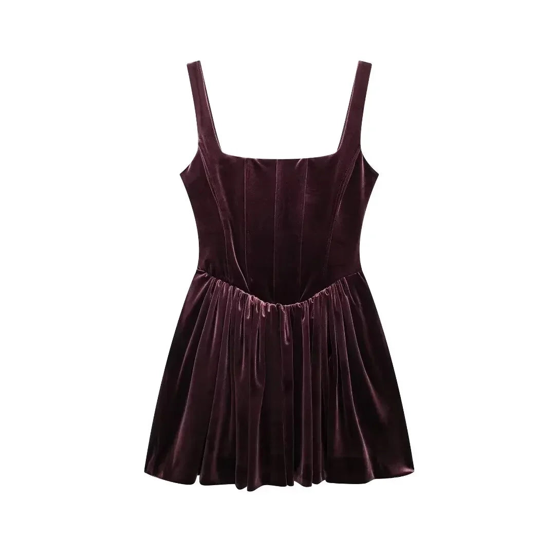 Women's new fashion wide pleated hem tight corset style velvet mini dress retro sleeveless wide shoulder strap women's dress