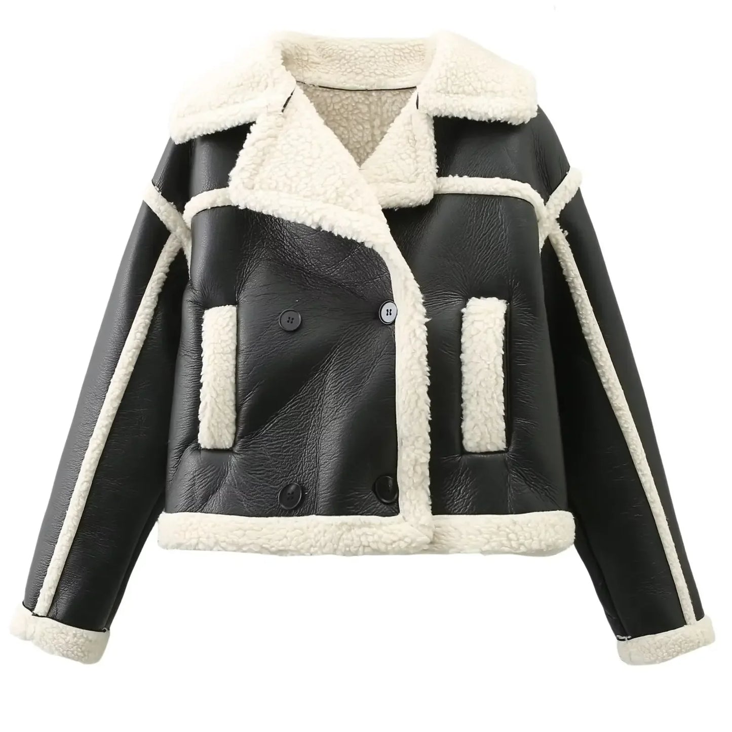 Women's new fashion Lapel short double breasted Fur Faux Leather jacket coat retro long sleeved pocket women's coat chic top