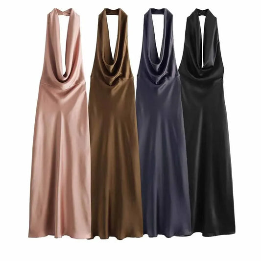 Women's new fashion pleated decoration slim satin texture hanging neck MIDI dress retro sleeveless backless women's dress Mujer 