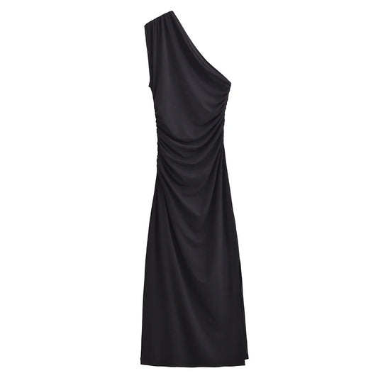 Women's new fashion pleated decoration black slim asymmetric MIDI dress retro sleeveless backless women's dress Mujer