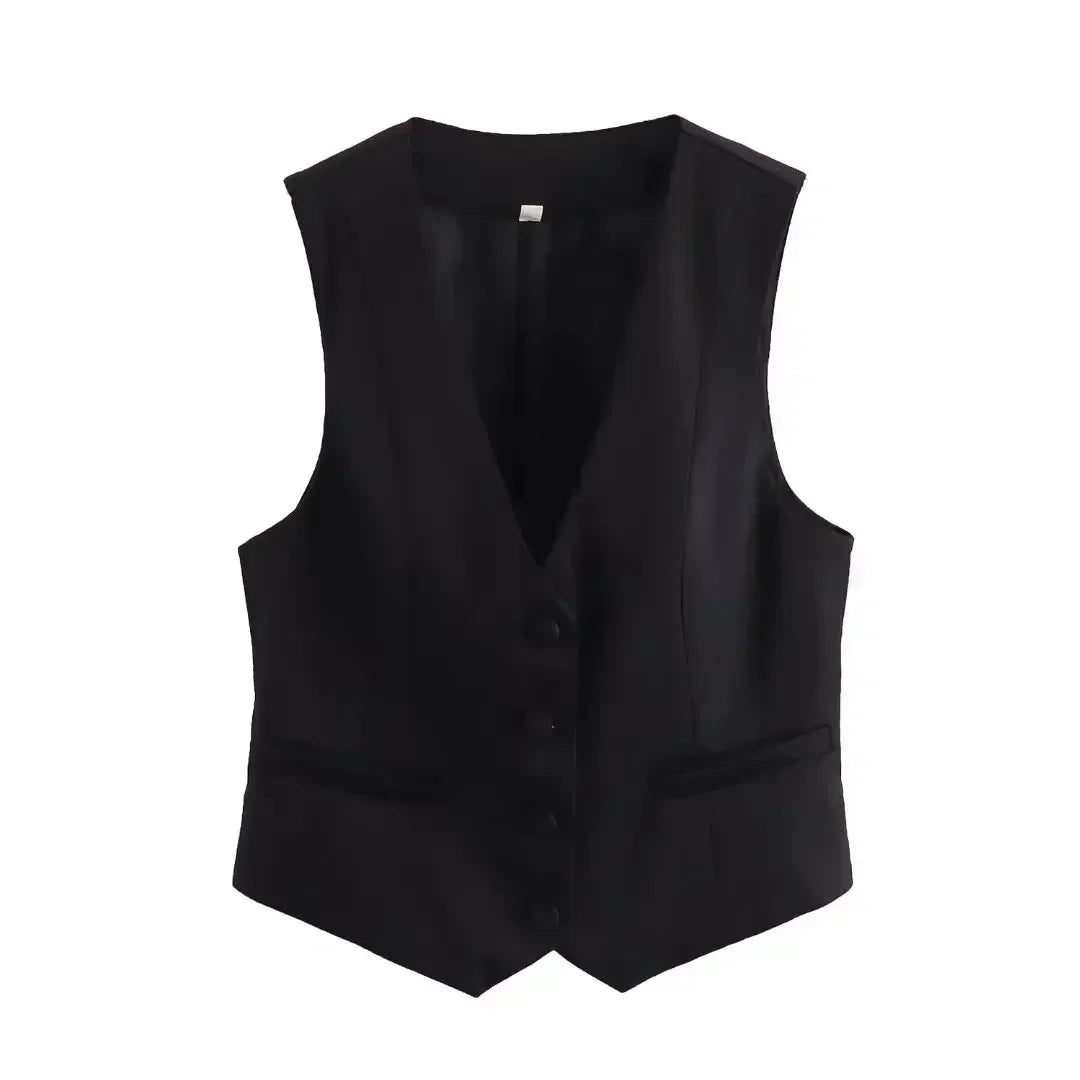 Women's new fashion pocket decoration casual short V Neck vest coat retro button up women's vest chic top+Pants suit