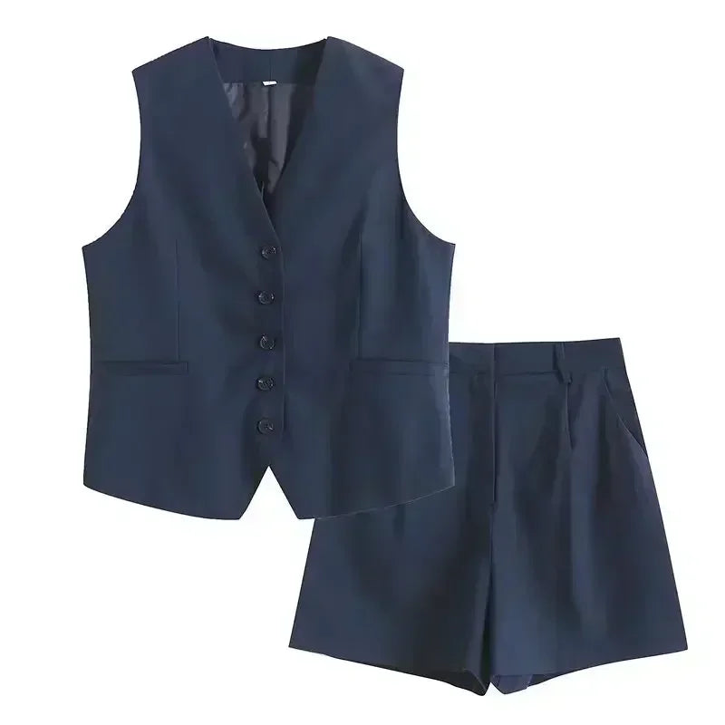 Women New Fashion Linen Cropped Customized Casual Vest Vintage V Neck Button-up Female Waistcoat Chic Tops + shorts Women's suit