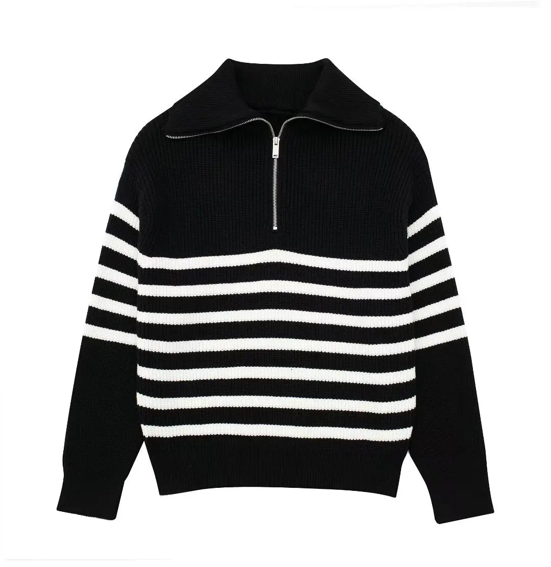 Women's New Fashion Zipper Decoration Casual Wool Blended Striped Knitted Sweater Retro Long Sleeve Women's Pullovers Chic Top