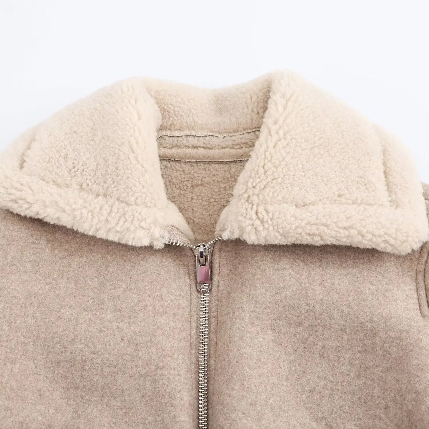 Women's Winter Fashion Warm Short Side Pocket Double sided Woolen Jacket Coat Retro Long Sleeve Zipper Women's Coat Chic Top